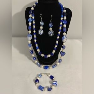 Handmade blue bracelet, earrings and chain set